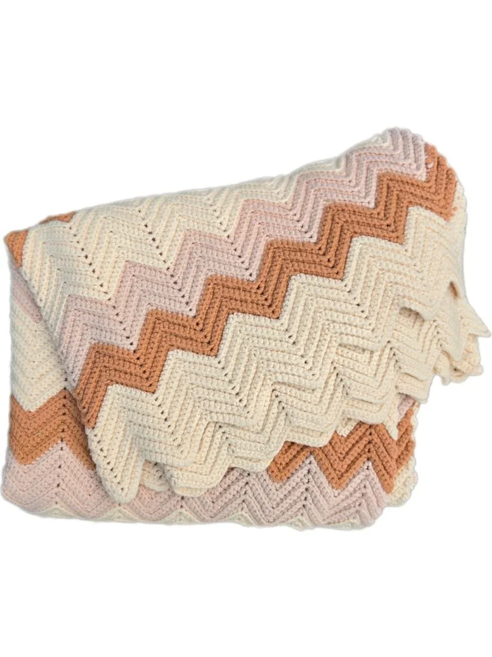 Vintage Handmade Western Crochet Afghan Blanket Fawn Beige Cream Subdued Chevron